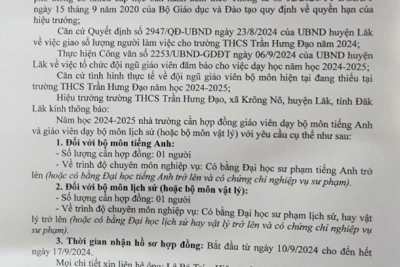 THÔNG BÁO VỀ VIỆC HỢP ĐỒNG GIÁO VIÊN DẠY BỘ MÔN TIẾNG ANH VÀ GIÁO VIÊN DẠY BỘ MÔN LỊCH SỬ (HOẶC BỘ MÔN VẬT LÝ)